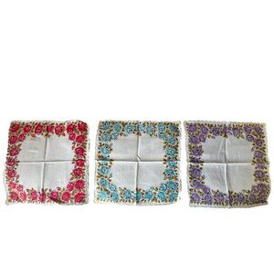 Set Of 3 Vintage Floral Handkerchiefs With Scalloped Edges & Rose Designs